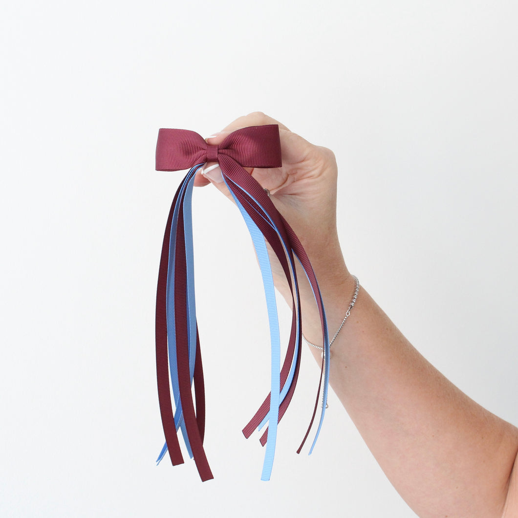 Large burgundy & blue tail pinch ribbon bows