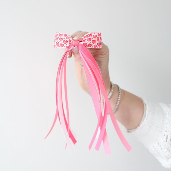 Pink hearts tail pinch ribbon bows - 2 sizes