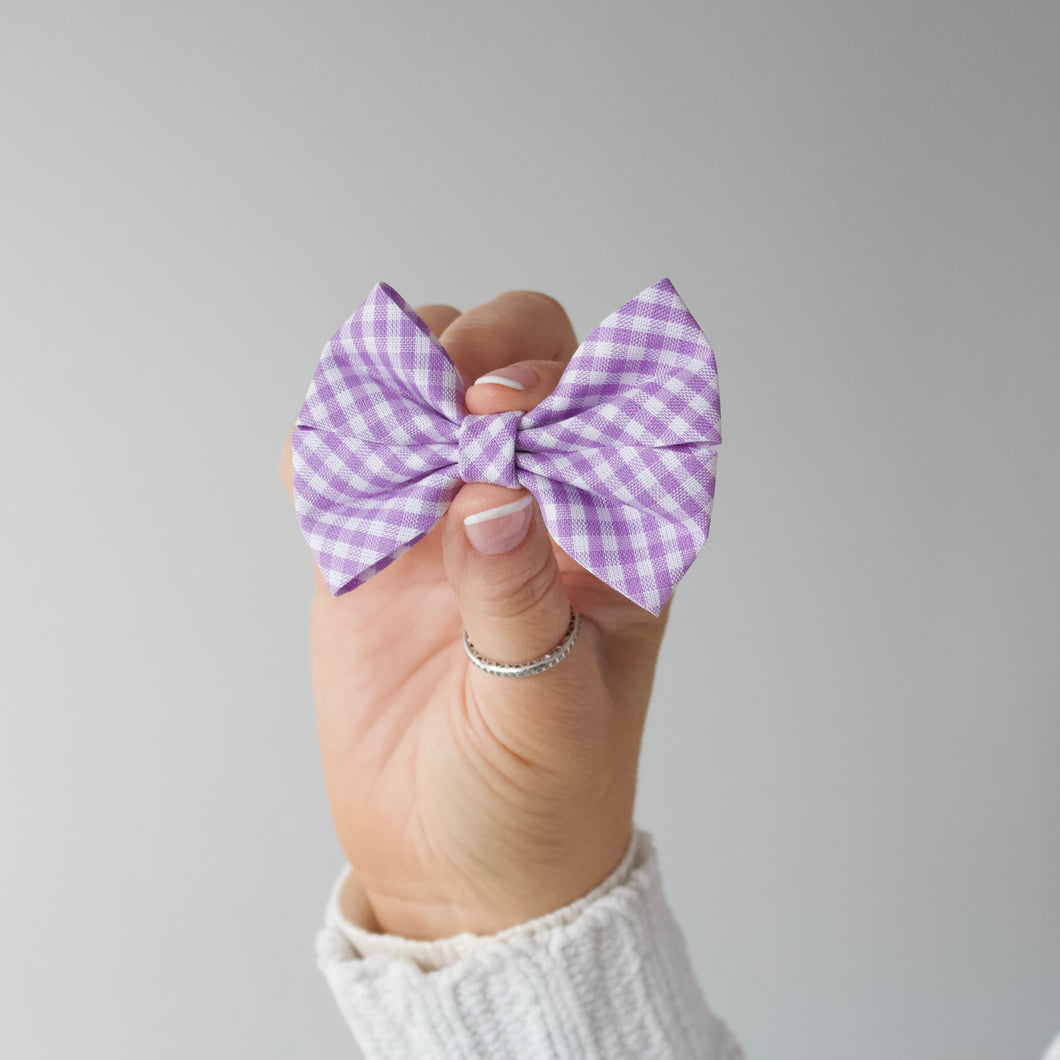 School double lilac gingham pinch ribbon bow clips