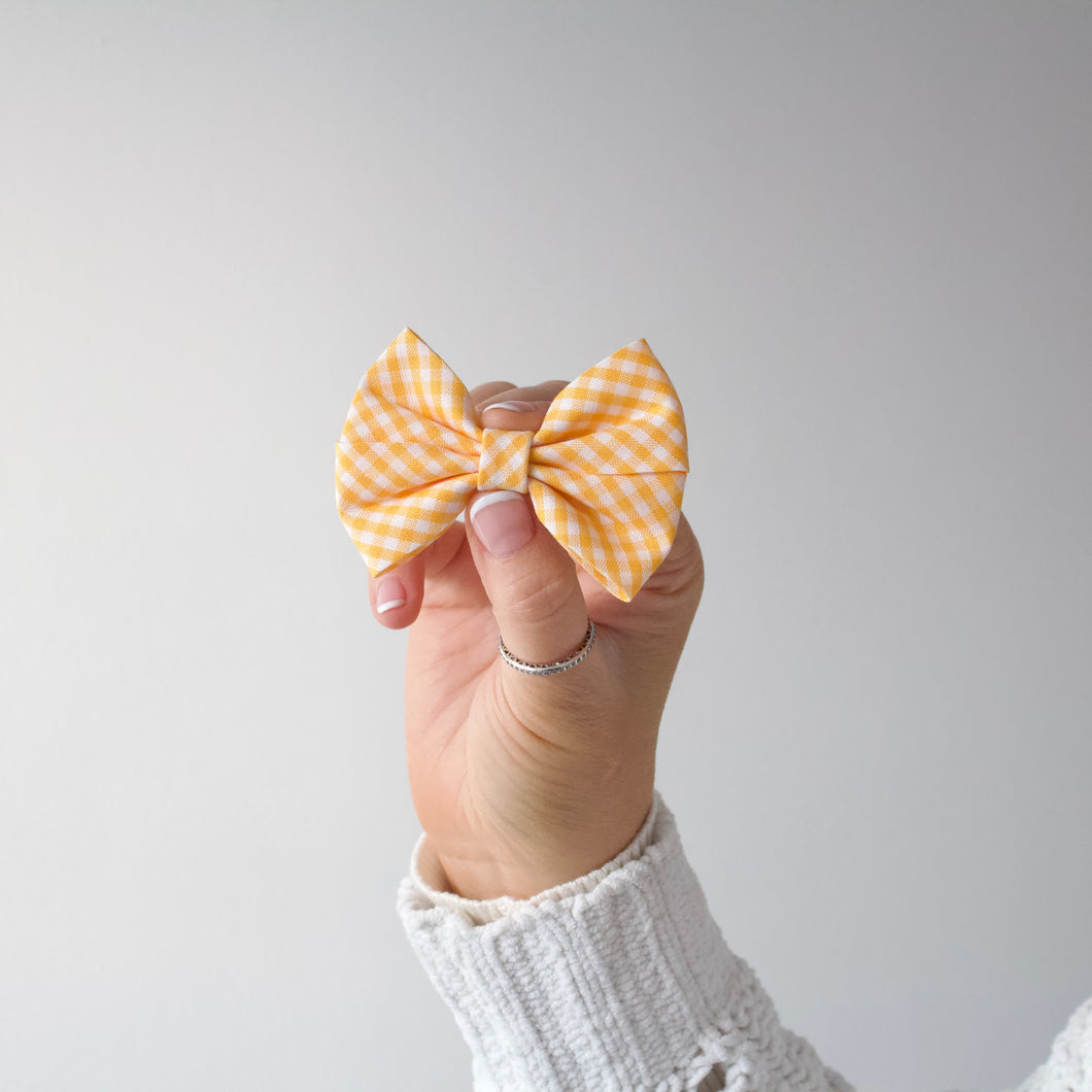 School double yellow gingham pinch ribbon bow clips