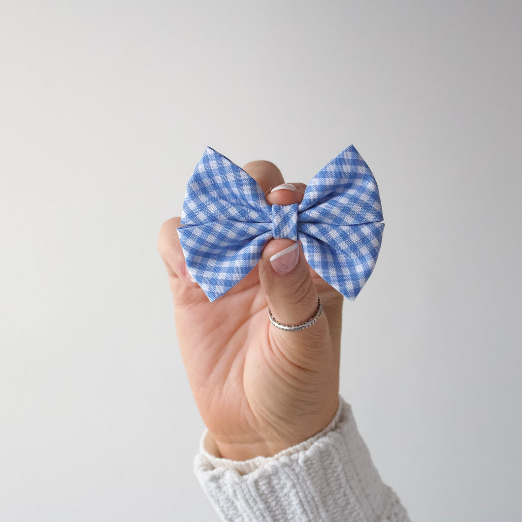 School double blue gingham pinch ribbon bow clips